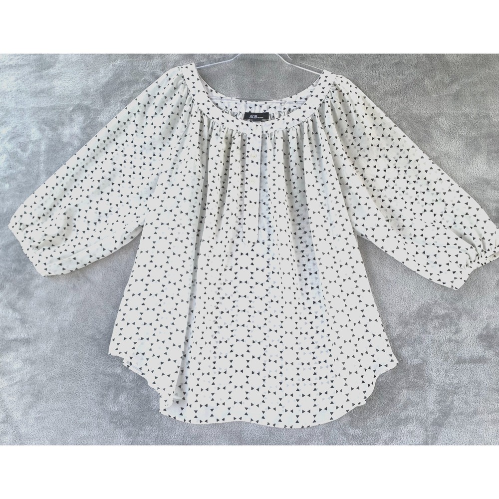 Boho Plus Size 3X Peasant Blouse White Black Geometric Print 3/4 Sleeve Top